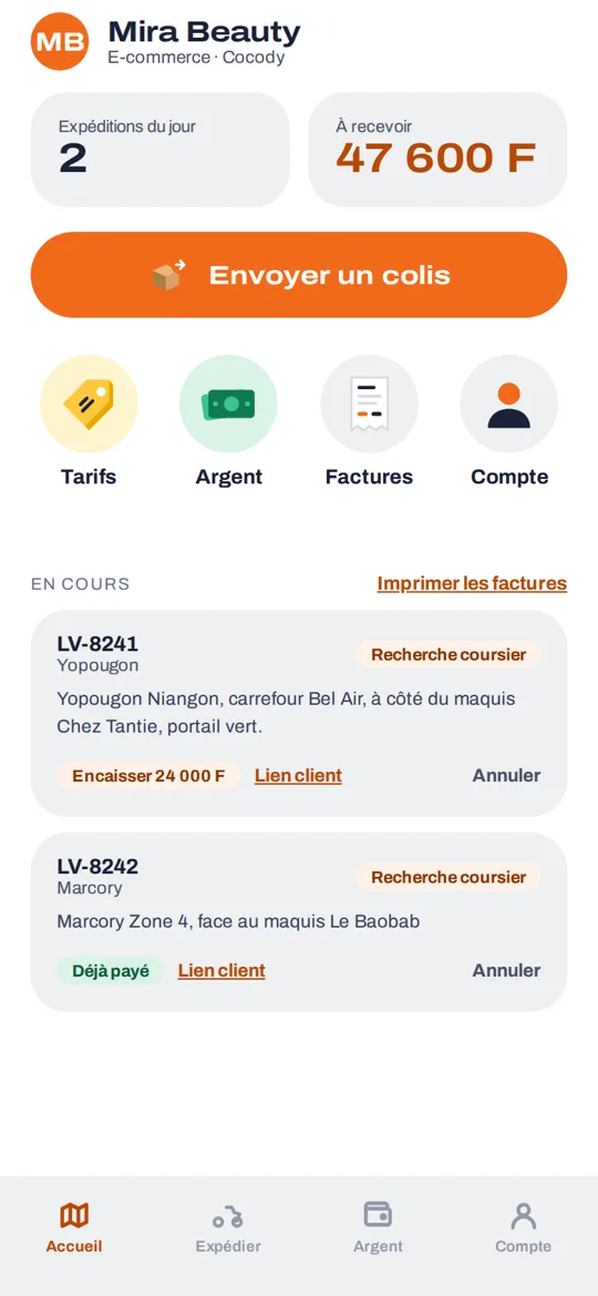 Accueil de l'app boutique : bouton Envoyer un colis et raccourcis Tarifs, Argent, Factures, Compte