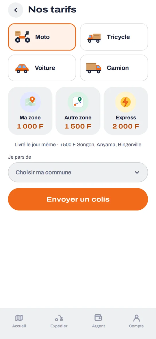 Écran des tarifs : choix du véhicule et prix 1 000 F, 1 500 F, 2 000 F