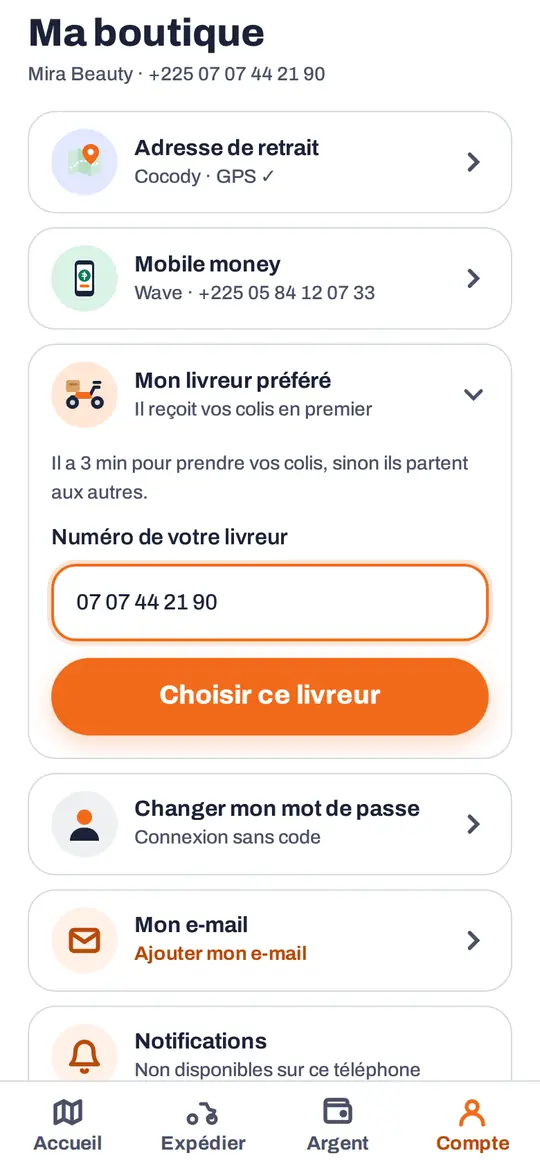 L'app Livré, « Ma boutique » : Mon livreur préféré, le numéro du livreur et le bouton « Choisir ce livreur ».