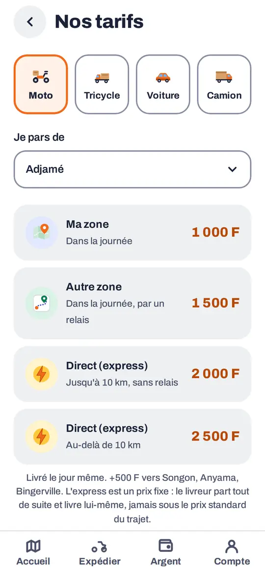 L'écran « Nos tarifs » de l'app Livré, en moto : 1 000 F dans votre zone, 1 500 F vers une autre zone, express 2 000 F jusqu'à 10 km et 2 500 F au-delà.
