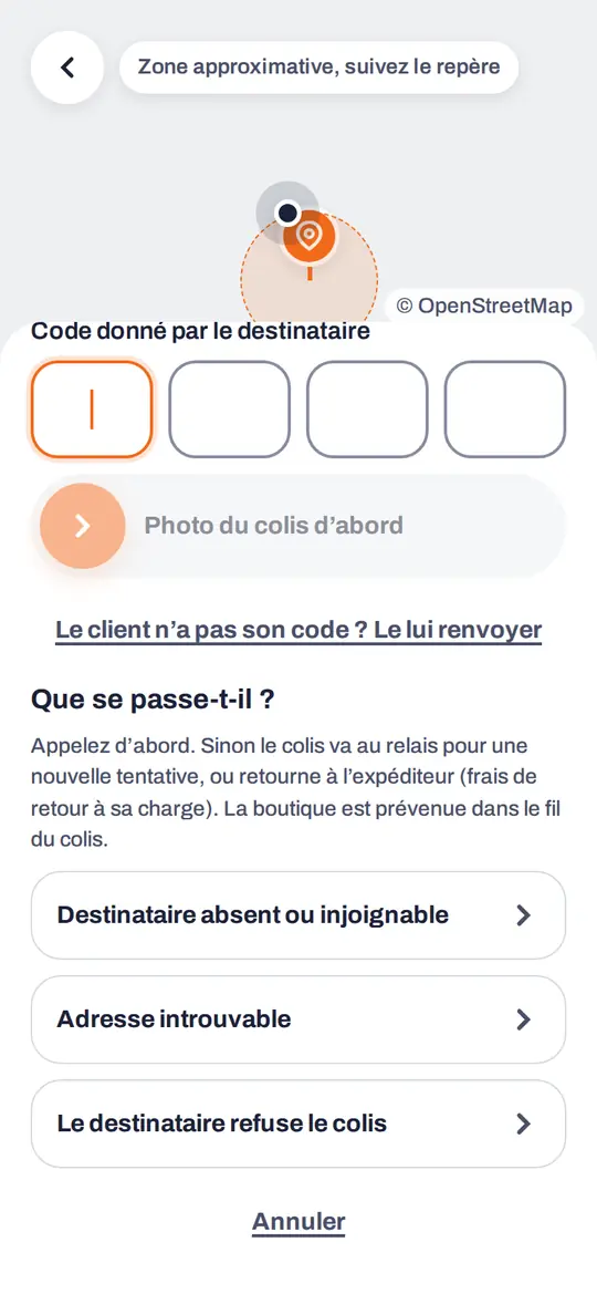 L'app du livreur, « Livraison impossible » : appeler d'abord, sinon le colis va au relais pour une nouvelle tentative. Motifs : destinataire absent, adresse introuvable, colis refusé.