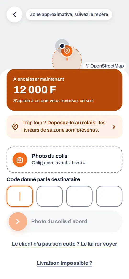 L'app du livreur au moment de la remise : 12 000 F à encaisser, et quatre cases pour le code donné par le client. Sans ce code, pas de remise.